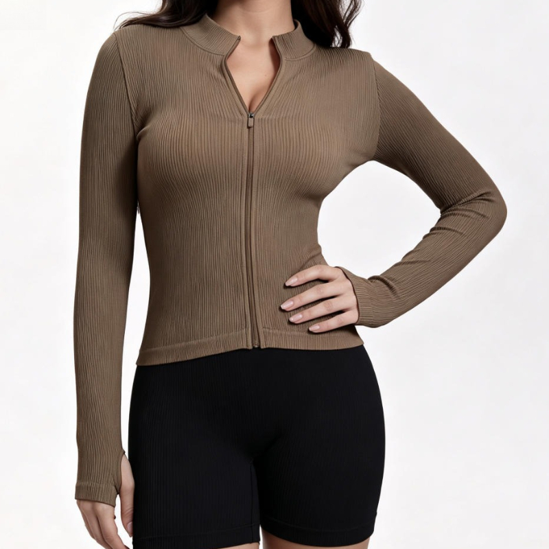 Women Ribbed Long Sleeve Zip U - Yoga Of Fitness 评论和价格
